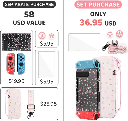 Vista 7 de FANPL Lindo paquete de funda de transporte para Nintendo Switch, kit de accesorios de funda de interruptor rosa con funda de viaje dura de flores