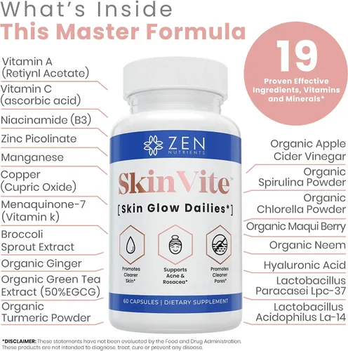 Vista 3 de Zen Nutrients SkinVite Suplemento natural para la piel para mujeres, hombres y adolescentes, brotes hormonales y suplemento de apoyo para la piel