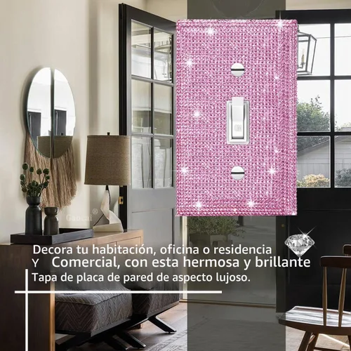 Vista 5 de Placa decorativa de interruptor de luz con diamantes de imitación brillantes en rosa y plata, cubierta de placa de pared con diamantes de imitación