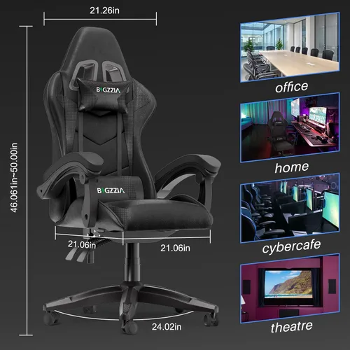 Vista 2 de Bigzzia - Silla de juegos con soporte lumbar, sillas ergonómicas para videojuegos, color negro