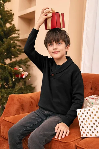 Vista 4 de Makkrom Suéter de punto con cuello de chal para bebé y niña suéter de punto con cuello en V para Navidad otoño