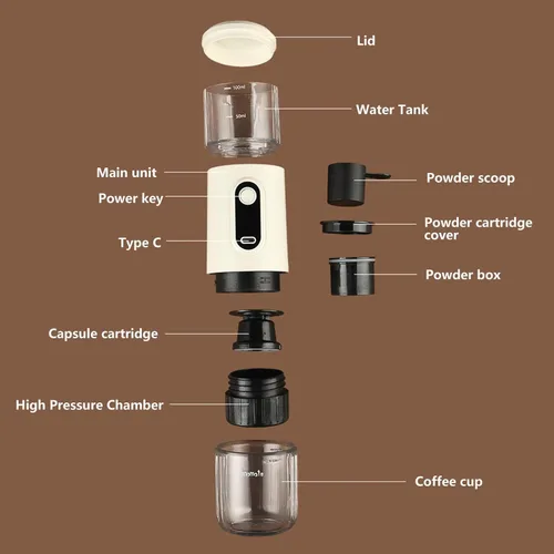 Vista 7 de Cafetera portátil, cafetera de café expreso, funciona manualmente, cafetera de cápsula de mano de 3.4 fl oz tipo C recargable para viajes al aire