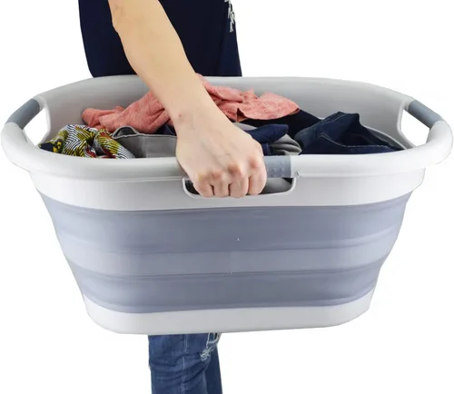 Vista 8 de SAMMART Cesta plegable de plástico para la ropa sucia de 40 L (10.5 galones), contenedor de almacenamiento plegable, organizador y tina de lavado