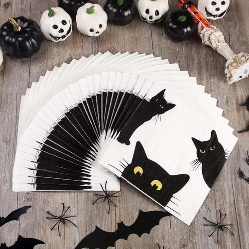 Vista 2 de Quera Paquete de 50 servilletas de papel desechables de gato negro, suministros para fiestas, servilletas de papel de Halloween, servilletas