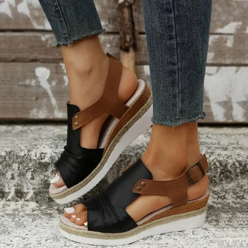Vista 3 de Womenyiaor Sandalias de cuña para mujer, alpargatas para mujer, puntera abierta, correa al tobillo, sandalias de tacón de cuña, sandalias elegantes