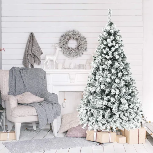 Vista 3 de HAPPYGRILL Árbol de Navidad preiluminado de 6 pies, agujas de PVC de alta calidad, 600 puntas de rama, pino flocado con bisagras de nieve