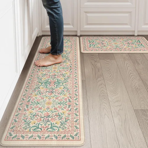 Vista 9 de Collive Tapete Anti Fatiga para Piso de Cocina, Tapetes de Cocina con Diseño Floral Primaveral para Piso Juego de 2, Alfombras para Fregadero Beige