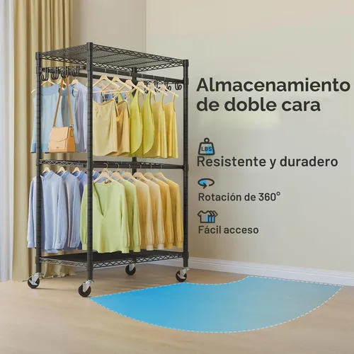 Vista 4 de VIPEK R2 Pro - Perchero enrollable para ropa de 2 lados, resistente con ruedas, estantes ajustables, varillas para colgar, armario portátil