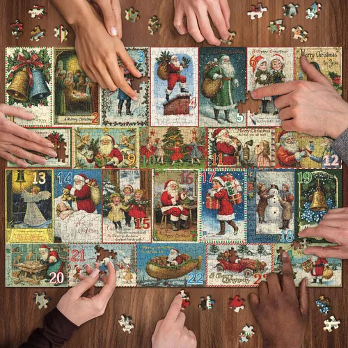 Vista 6 de Rompecabezas de Navidad vintage para adultos de 1000 piezas, rompecabezas de vacaciones de Navidad con 24 postales de Navidad, rompecabezas