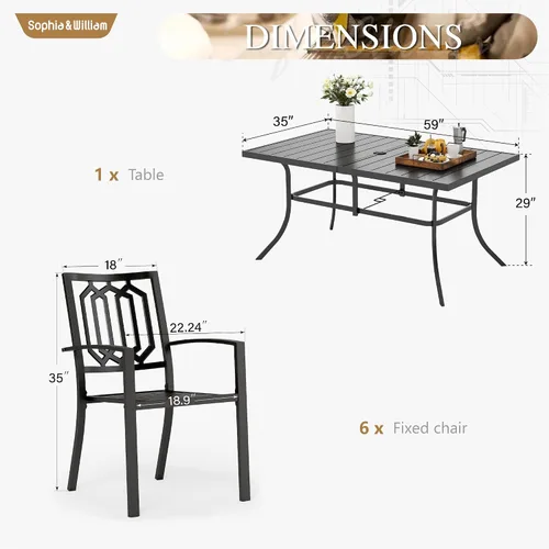 Vista 6 de Sophia & William Juego de comedor de patio de 7 piezas para mesa rectangular de metal de 6 piezas Negro