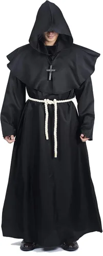 Vista 5 de Qerhod Disfraz de Halloween para cosplay, medieval con capucha, bata de monje para hombre, incluye collar