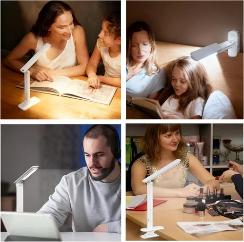 Vista 4 de Lámpara LED de escritorio, lámpara de mesa regulable, lámpara de lectura con clip y base intercambiables, 3 brillos regulables, pequeña lámpara