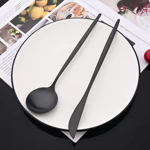 Vista 8 de JASHII Juego de cubiertos mate de 36 piezas con mango plano acabado satinado negro acero inoxidable cubiertos servicio para 6 para cocina casera