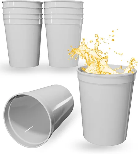Vista 123 de PartyPrints Paquete de 100 vasos de plástico en blanco reutilizables de 10 a 12 onzas, vasos de estadio a granel, sin BPA, aptos para lavavajillas