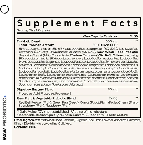 Vista 2 de Codeage Raw Probiotic+ - Suplemento probiótico de 100 mil millones de UFC con 34 cepas, prebióticos y enzimas digestivas, cultivo de kéfir