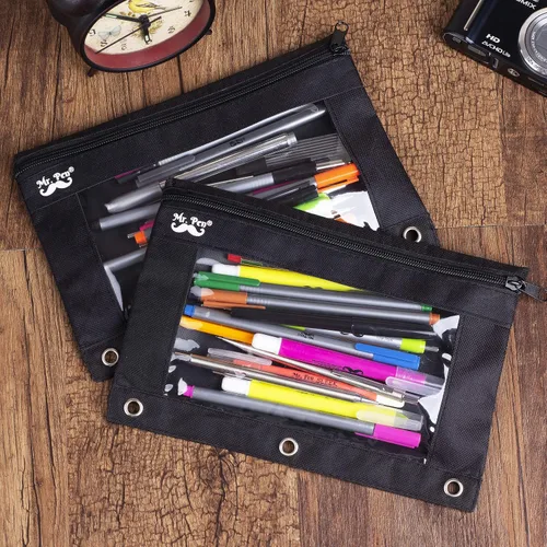 Vista 6 de Mr. Pen Estuche de tela para lápices con 3 agujeros para carpeta, color negro, juego de 2