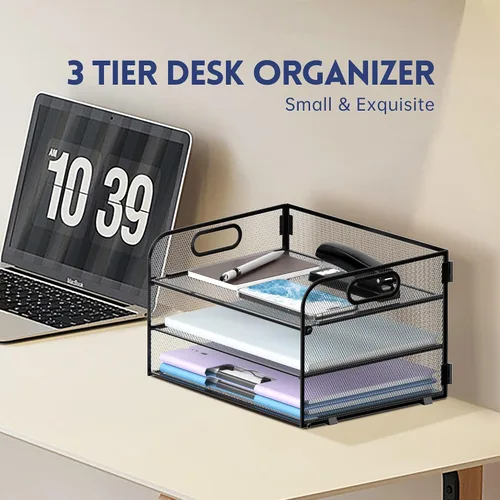 Vista 2 de Supeasy Organizador de papel de 3 niveles con asa, organizador de escritorio de malla, bandeja de cartas, bandeja de papel organizador de archivos