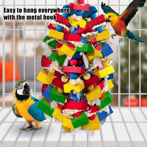 Vista 7 de Juguetes de loros para pájaros grandes, bloques de madera multicolor para masticar, jaula de loro, juguete para mordeduras para guacamayos