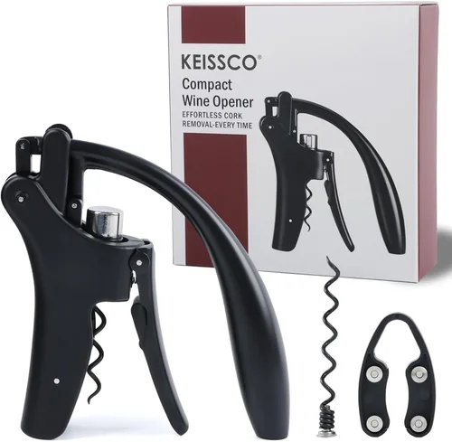 Vista 2 de KEISSCO Abridor de vino compacto con palanca vertical sacacorchos Abridor de botellas de vino con cortador de papel de aluminio y tornillo adicional
