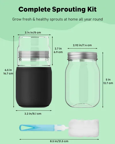 Vista 2 de Pawfly Sprouting Jar Kit with 16.9 Oz (500 mL) Mason Jars， 2 Packs 2 Packs, Curved-shoulder Glass Jars, Stainless Steel Mesh Lids, Home Seed