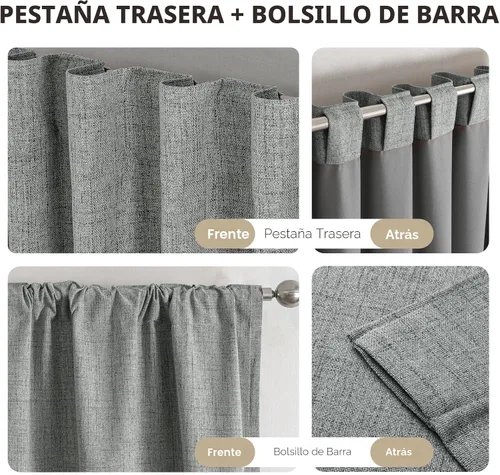 Vista 6 de Joydeco - Cortinas 100 % opacas para dormitorio, cortinas de lino natural, cortinas de bloqueo de luz con aislamiento térmico, bolsillo para barra