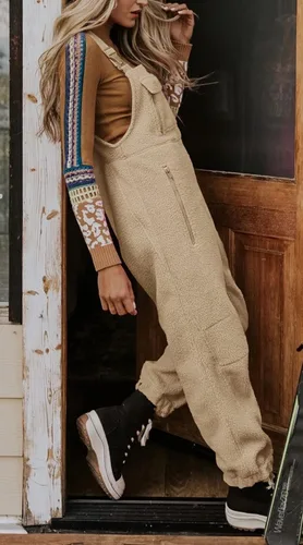 Vista 3 de Ebifin Overol de forro polar cálido para mujer, overoles de invierno sueltos casuales con bolsillos