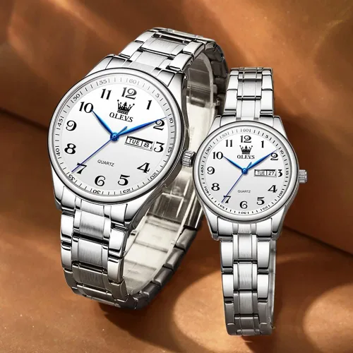 Vista 65 de OLEVS Juego de 2 relojes de cuarzo para parejas de San Valentín, calendario luminoso, ventana de fecha, 3 ATM, impermeable, casual, acero