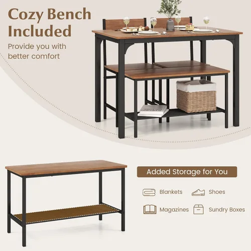 Vista 2 de COSTWAY Dining Table Set for 4, Space-Saving Dining Room Table with Bench and 2 Chairs, Storage Rack & Anti-Slip Foot Pads, Industrial Kitchen Table