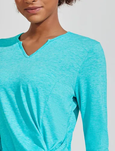 Vista 3 de Pinspark Camisetas de manga larga para mujer, camisetas de entrenamiento, cuello en V, parte delantera torcida, senderismo, yoga, correr, camiseta