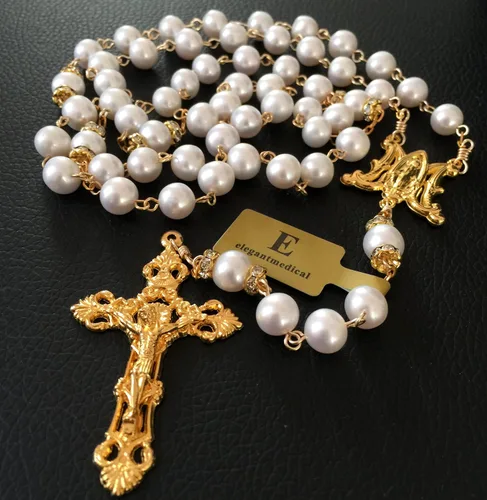 Vista 5 de elegantmedical Collar de perlas de perlas reales de brillo católico hecho a mano de 0.315 in, rosario de 5 décadas y caja de crucifijo en cruz