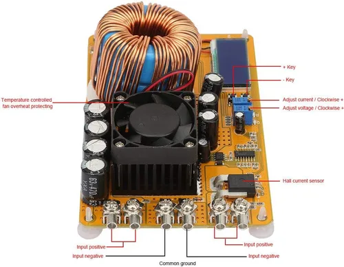 Vista 3 de YWBL-WH Módulo de fuente de alimentación Convertidor de alimentación DC-DC 8-40V a 0-32V 50A 800W Módulo reductor ajustable con ventilador disipador