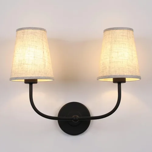 Vista 10 de Apliques de pared de 2 luces con embudo de tela de lino, lámparas de pared de doble luz para dormitorio, sala de estar, tocador, baño, pasillo