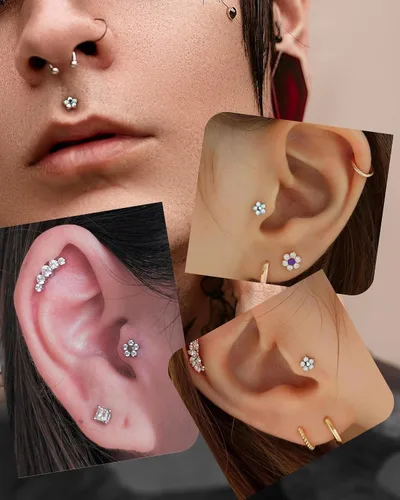 Vista 6 de Jewseen Aretes de cartílago de titanio G23 de 16G, aretes de hélice, aretes de cartílago de circonita cúbica, aretes de ópalo sin rosca, piercing