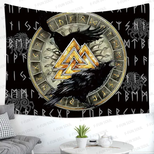 Vista 2 de F-FUN SOUL Tapiz nórdico de cuervo vikingo, 40 x 30 pulgadas, misteriosas runas de meditación vikinga, arte nórdico, tapices colgantes de pared