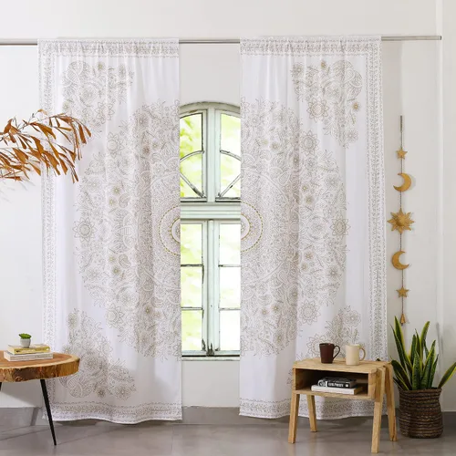 Vista 9 de Popular Handicrafts India Hippie Mandala Bohemia Hermoso Bosquejo Cortina Cortina Dormitorio Sala Balcón Cenefa Paneles Negro Oro