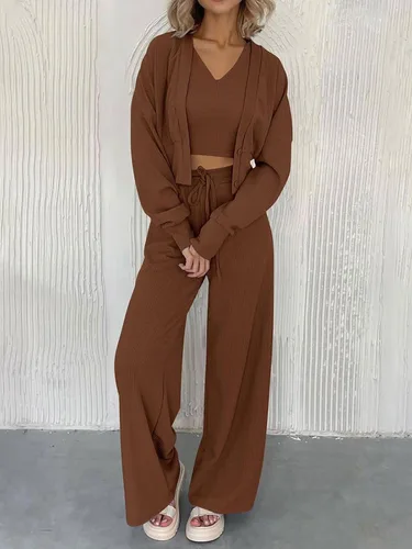 Vista 2 de YOKGO Conjunto deportivo de 3 piezas para mujer con cárdigan de punto acanalado moderno, camisetas sin mangas y pantalones de pierna ancha
