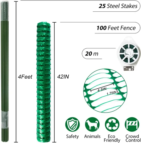 Vista 2 de Rollo de esgrima de malla de plástico para valla de seguridad, 1 rollo con 25 estacas de acero Red reutilizable temporal para valla de piscina