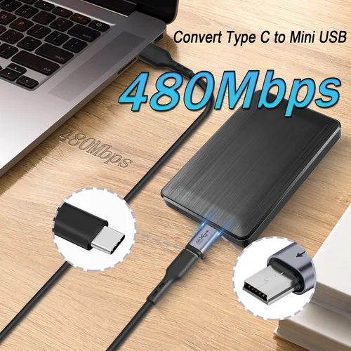 Vista 4 de QIANRENON Adaptador mini USB macho a USB C hembra de 480 Mbps de 18 W, conector USB a conector de datos, aleación AL/agujero para colgar