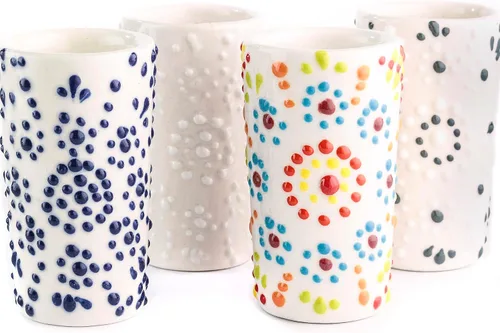 Vista 10 de Juego de 4 vasos de chupito Talavera auténticos mexicanos para tequila - Pintados a mano - 2 Oz (Corazón Azul)