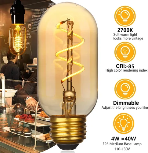 Vista 3 de Paquete de 4 bombillas LED T45/T14, bombillas Edison vintage de 4 W, 2700 K, 550 lúmenes, equivalentes a 40 W, bombillas de tubo ámbar amarillo