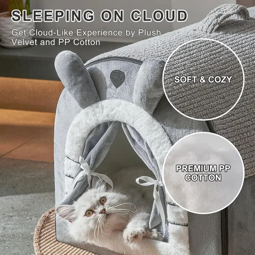 Vista 5 de Jiupety Casas para gatos de interior, cama cueva con diseño de cortina de puerta, bonitas camas portátiles con cojín reversible lavable, tamaño S
