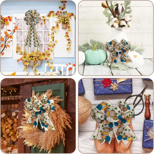 Vista 7 de Whaline Cinta de tela de calabaza de otoño con borde con alambre, cinta de tela de calabaza azul, cintas vintage para envolver para cosecha