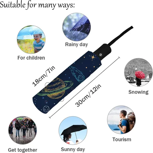 Vista 4 de DHDM Astronaut Automatic Umbrella for Rain and Sun Male Women Beach Parasol Print Folding Umbrella