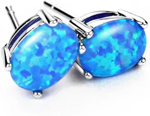 Vista 4 de Sterling Silver Opal Stud Earrings for Women Solitaire 6x8mm Oval Cut Opal Gemstone Earrings for Girls