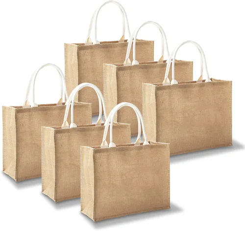 Vista 16 de Bolsas de viaje de yute, juego de 10 bolsas de arpillera, medianas de 14.5 x 6.7 x 10.2 pulgadas, bolsa reutilizable para fiestas, bodas, playa