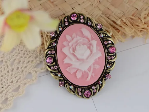 Vista 2 de Alilang Broche de camafeo de flores de cristal rosa y rosa de inspiración vintage