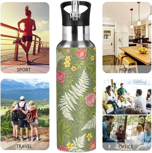 Vista 5 de Vintage Botanical Flowers Green Stainless Steel Vacuum Insulated Water Bottle 20 Oz Leakproof Water Bottles, BPA-Free Sports Water Bottle