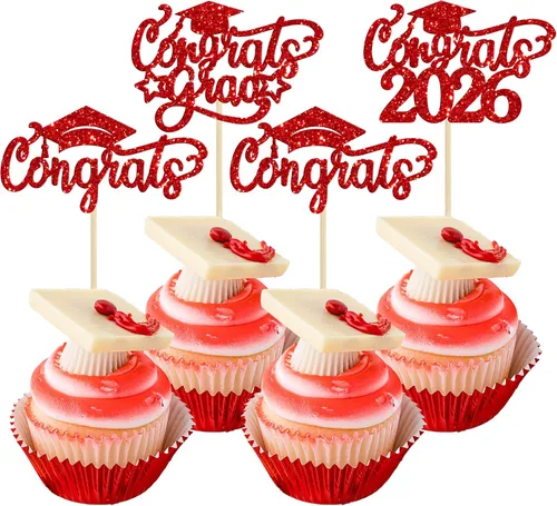 Vista 27 de Gyufise 24 piezas de decoración para cupcakes con purpurina para graduación 2026, decoración de pasteles para graduación 2026, decoración de Negro