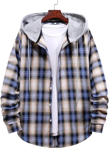 Vista 4 de Camisas de algodón a cuadros para hombre, chaqueta de franela con forro polar para hombre, camisa a cuadros de moda, hip hop, cárdigan con capucha