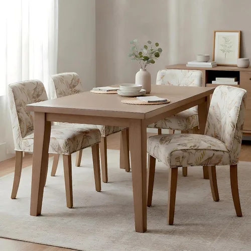 Vista 10 de Mid-Century - Juego de 6 sillas de comedor de tela de lino blanco sólido con patas de madera de nogal, respaldo acolchado, sillas laterales rústicas
